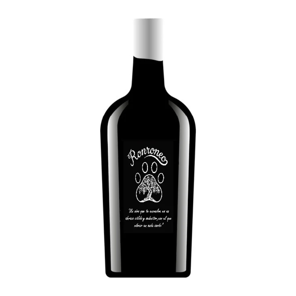 Botella negra con etiqueta Ronroneo y huella
